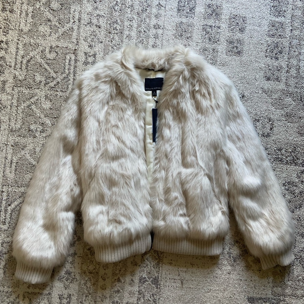 Banana Republic Cream Faux Fur Bomber Jacket